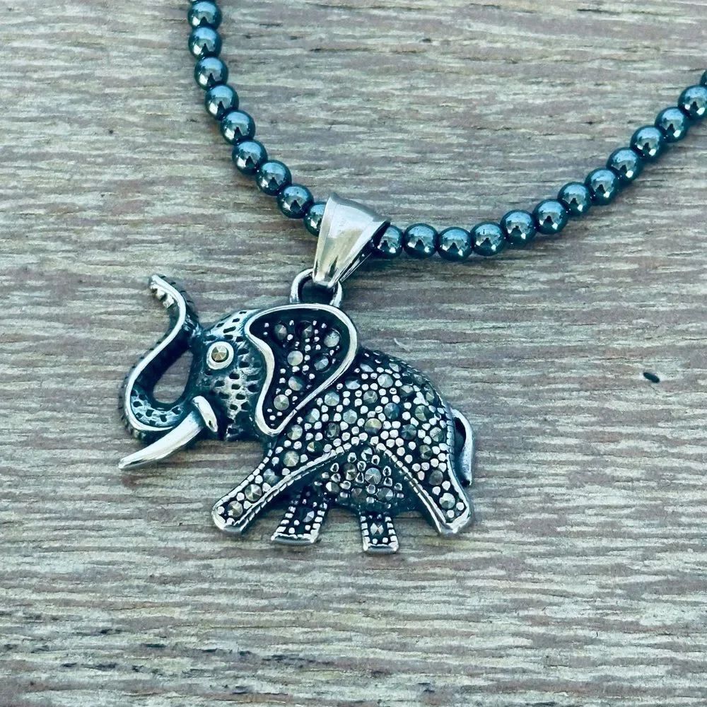 Silver Elephant Beaded Pendant Necklace